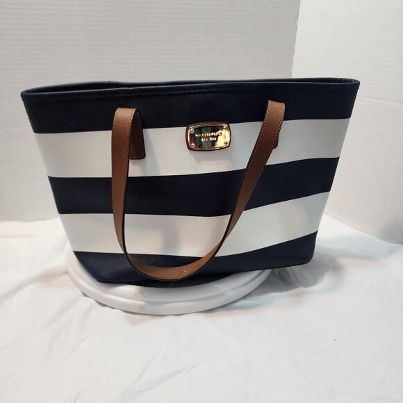 Michael Kors Jet Set Stripe Medium Tote Handbag Purse Navy And White - Picture 1 of 8